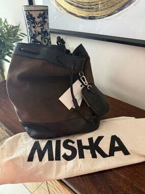 Mishka Brown & Black Leather Drawstring Bucket Bag with Pouch